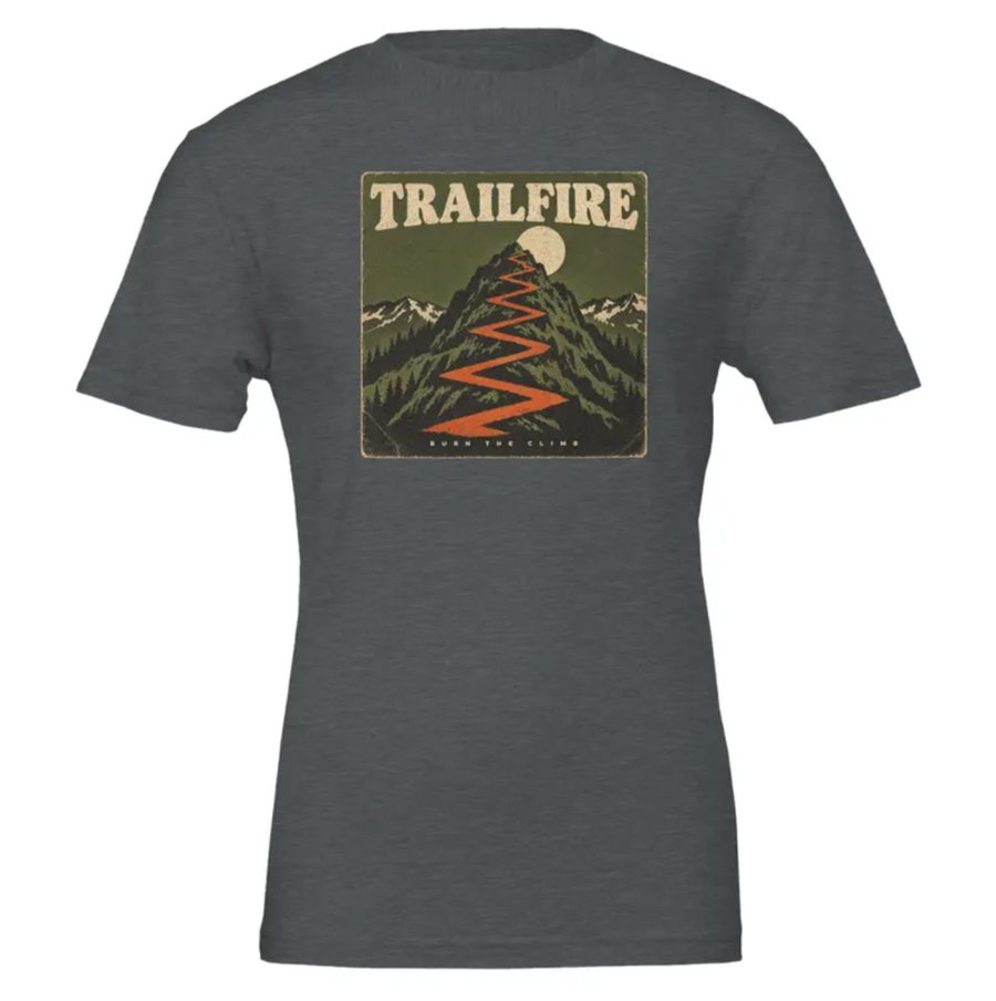 Grey Trailfire T-shirt with the Burn the Climb cover art printed on the chest