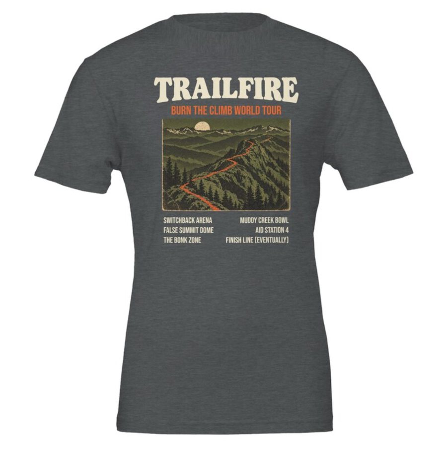 Grey Trailfire Burn the Climb World Tour T-shirt with a mountain trail print and a list of tour stops