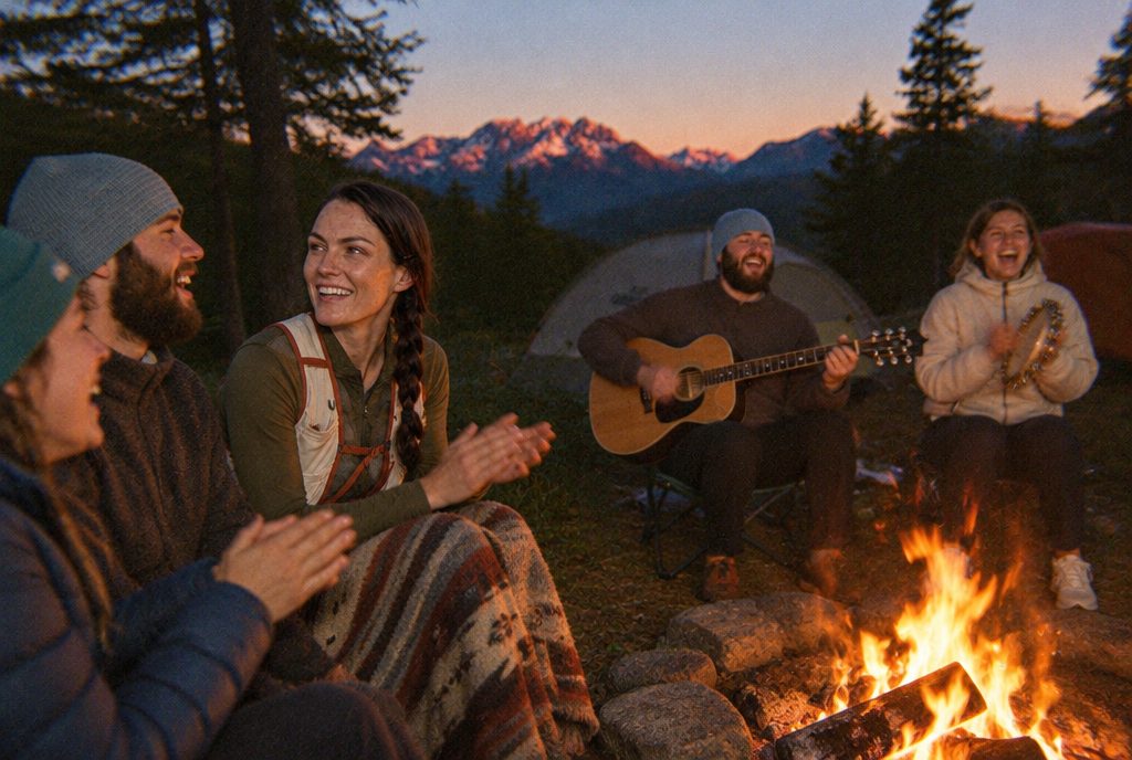 Tam and friends clapping along by a campfire while Trailfire plays acoustic