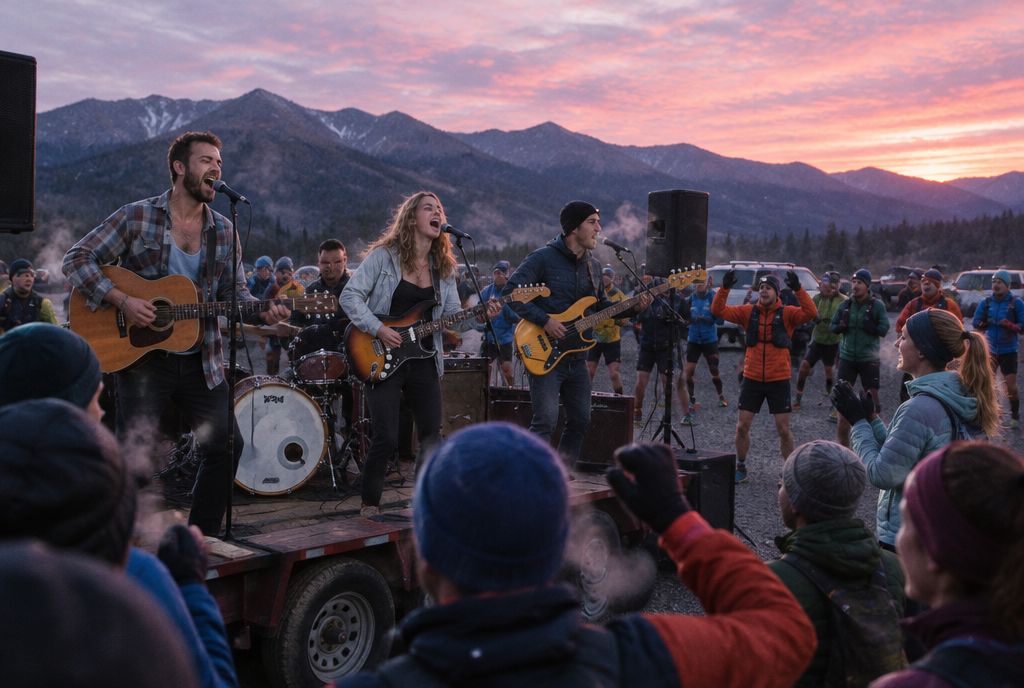 Trailfire playing a dawn set in a trailhead car park before a race