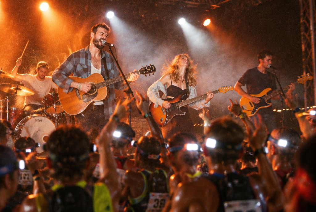 Trailfire playing a night set at a trail-race finish, runners in head torches cheering