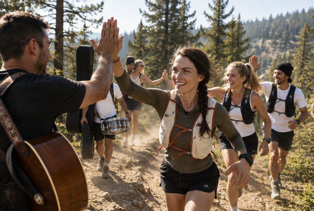 Tam high-fiving the band on a mountain trail